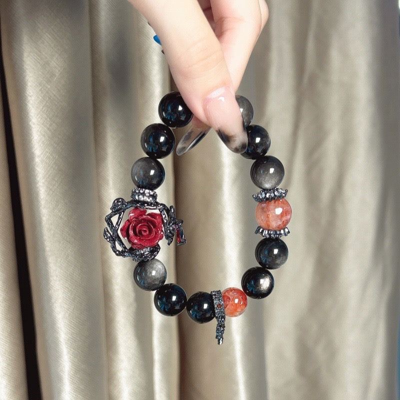 Crimson Thorn Silver Obsidian Bracelet