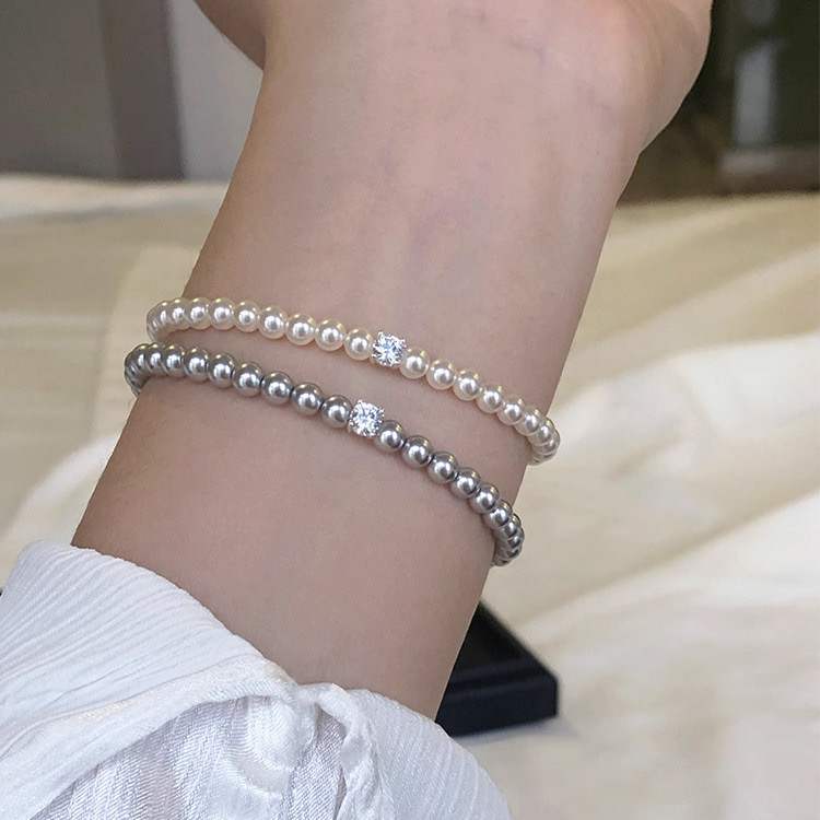 Sugar Cube Mini Swarovski Crystal Pearl Bracelet Set - Silver & White