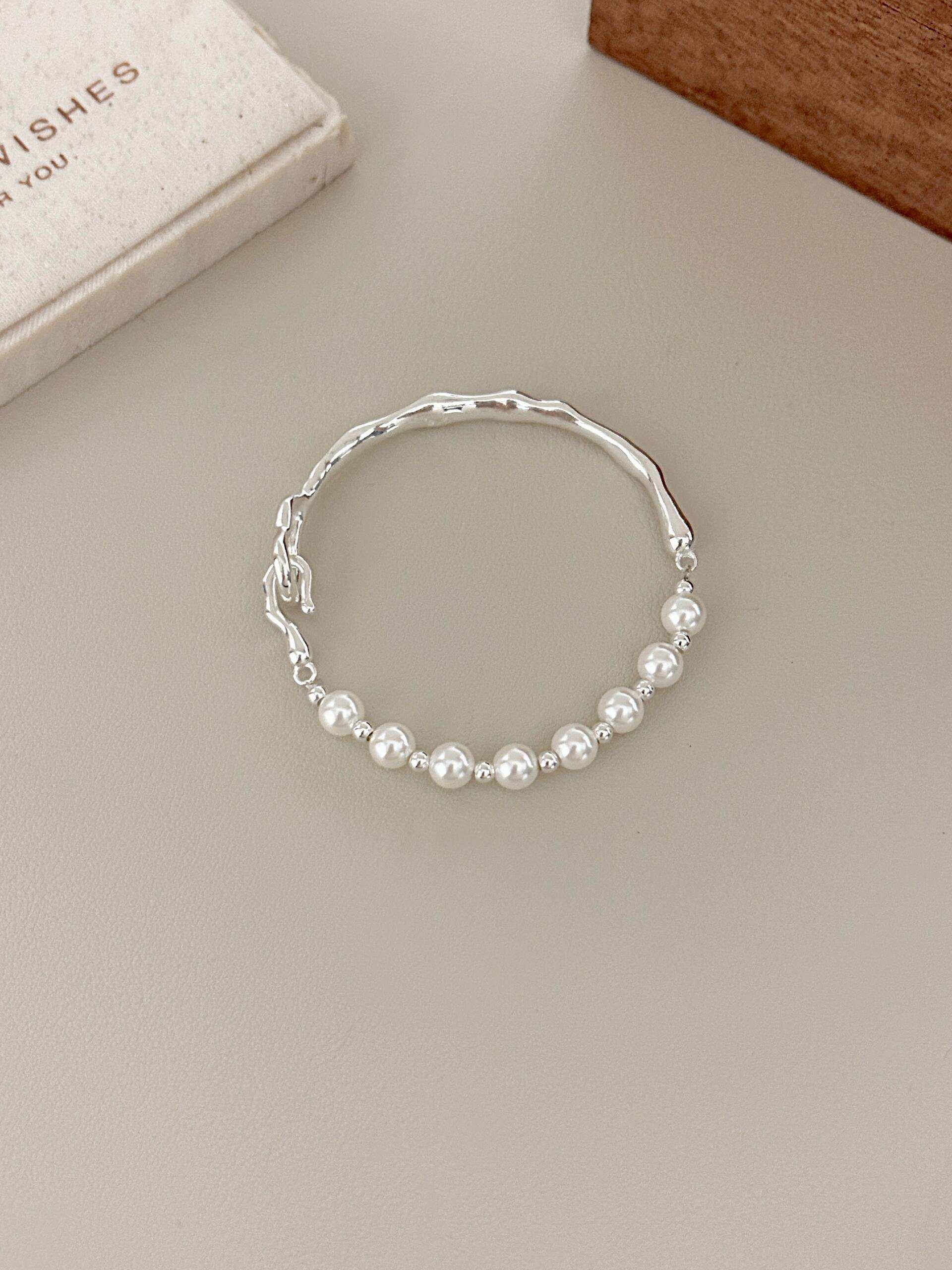 Pearl & Wave Bangle Bracelet – Elegant and Unique