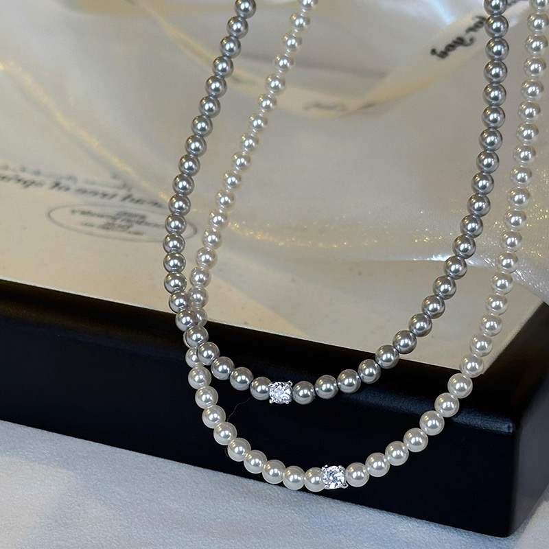 Sugar Cube Mini Swarovski Crystal Pearl Necklace Set - Silver & White