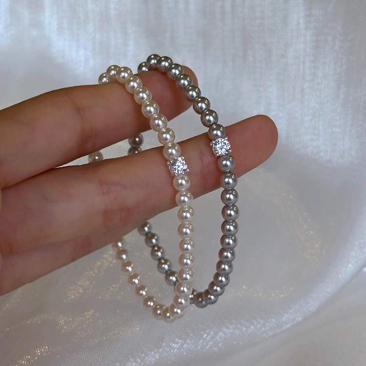 Sugar Cube Mini Swarovski Crystal Pearl Bracelet Set - Silver & White