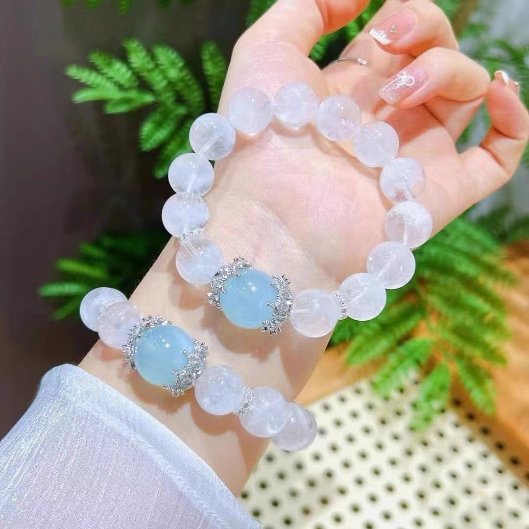 Snowflake Phantom Quartz With Aquamarine Bracelet