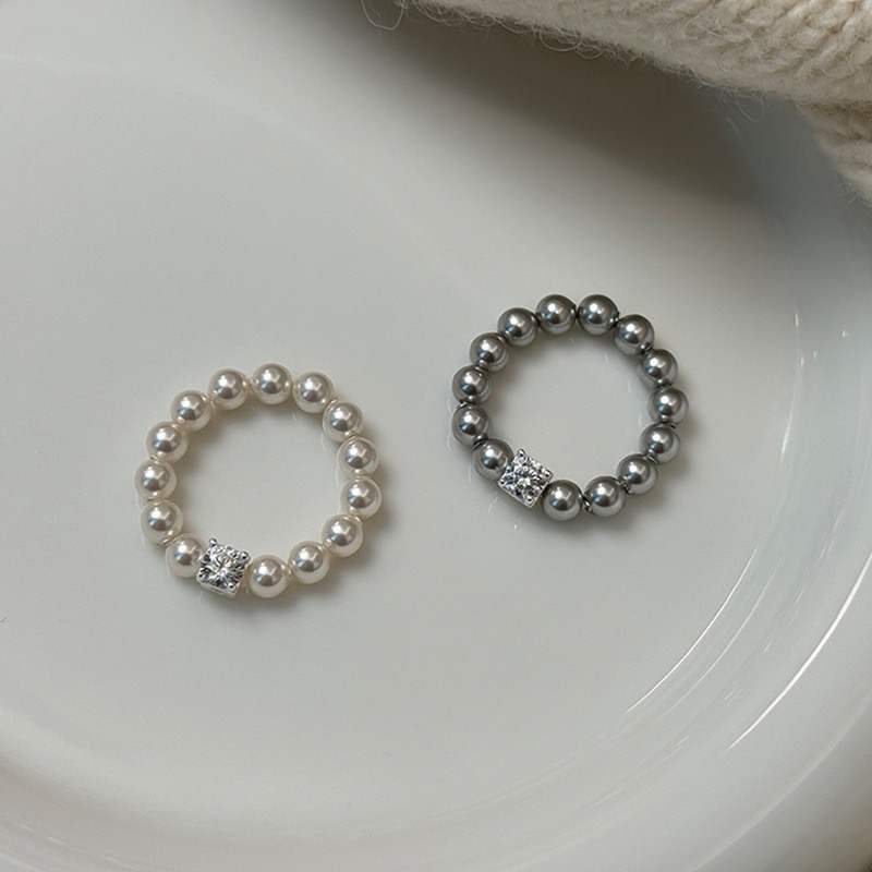 Sugar Cube Mini Swarovski Crystal Pearl Rings Set - Silver & White