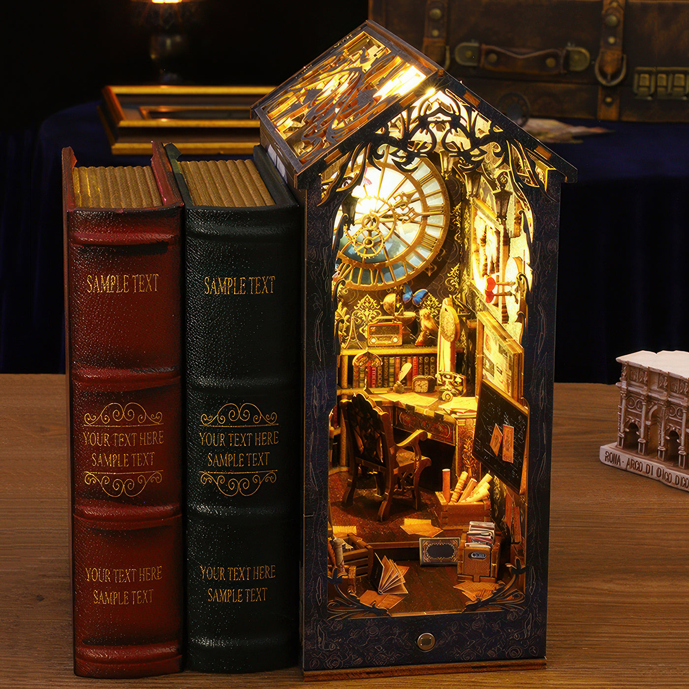 A beautifully detailed DIY book nook insert featuring a cozy study with a large ornate clock, vintage furniture, and stacks of books, illuminated by warm, inviting lights. 